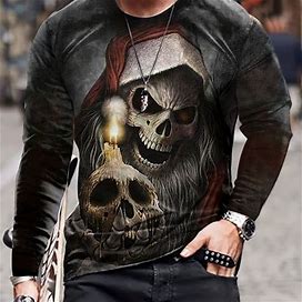 Skulls 3D Print, Men's Long Sleeve Novelty Vintage T-Shirt, Stylish Tees For Autumn, Mens Clothing,Multicolor,All-New,Temu