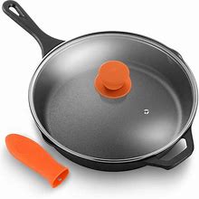 Nutrichef NCCI12 12 Inch Pre Seasoned Nonstick Cast Iron Skillet Frying Pan Kitchen Cookware Set With Tempered Glass Lid And Silicone Handle Cover
