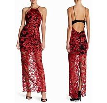 Abs Womens Black Red Floral Embroidered Lace Halter Neck Maxi Dress