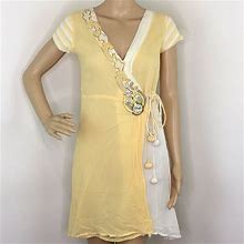 Jewel Beaded Yellow Wrap Dress | Color: White/Yellow | Size: S