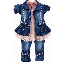 Peacolate Spring Autumn Little Girls Clothing Set 3Pcs Long Sleeve T-Shirt Denim Jacket And Jeans