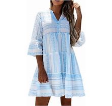Safuny Women's Mini Babydoll Dress Clearance Ombre Ethnic Print Autumn Dress Vacation Long Sleeve Winter V Neck Button Leisure Comfy Fashion Blue M