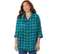 Plus Size Women's Buttonfront Plaid Tunic By Catherines In Teal Plaid (Size 1X)