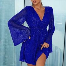 Levmjia Women's Party Evening Maxi Dress Petite Fashion Women Casual Loose V-Neck Dresses Solid Long Sleeve Comfy Dress