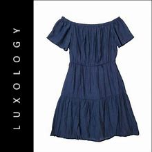 Luxology Women Casual Formal Boho Off Shoulder Blue Pleated Dress Size Medium
