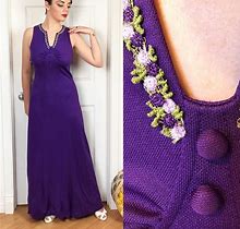 1970S Purple Nu Mode Maxi Dress With Embroidered Flowers