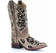 Corral Women's Brown Inlay And Flowered Embroidery Studs And Crystals Square Toe Boots, 11 in. Shaft, 1-1/2 in. Heel