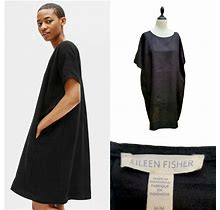 Nwt Eileen Fisher Medium Md Organic Linen Boxy Dress W Pockets Black