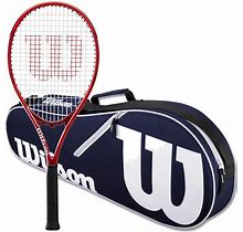 Wilson Federer Pro Staff Precision XL 110 Gloss Red Tennis Racquet In Grip Size 4 3/8" Bundled With A Navy Advantage II Tennis Bag (Incredible Feel