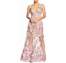 Dress The Population Sidney Deep V-Neck 3D Lace Gown In Lilac/Nude At Nordstrom, Size Medium