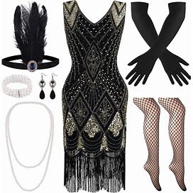 PLULON 1920S Flapper Dress Roaring 20S Gatsby Dress Costume With 20S Accessories