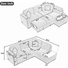 83.8" Chenille Square Arm Sofa With Reversible Sectional Pull-Out - 83.8" X 68.5" X 33.8" - Light Grey
