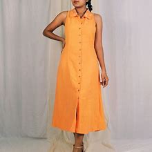 Orange Collar A-Line Maxi Dress, Maxi Dress For Women, Hand Embroidered Linen Dress, Linen Shirtdress, Plus Size, Custom Made, Made To Order