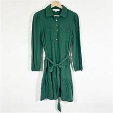 Loft Long Sleeves Dress Collared Tie Waist Green Sz M Petite