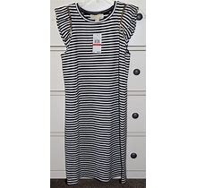 Michael Kors Zip Shoulder Ruffle Black/White Striped Sheath Dress Size