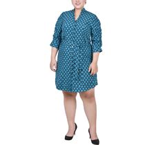Ny Collection Plus Size 3/4 Rouched Sleeve Dress With Belt - Harbor Blue Black Quatrefoil