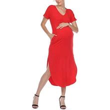 White Mark Short Sleeve Midi T-Shirt Dress Maternity | Red | Maternity Small | Dresses T-Shirt Dresses | Side Slit|Stretch Fabric