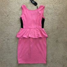 Asos Club L Pink Black Sheer Lace Side Panel Peplum Bodycon Dress S 6