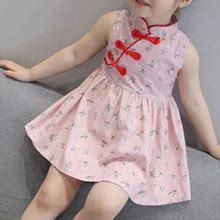 Daqian Toddler Kids Baby Girls Sleeveless Floral Cheongsam Party Princess Dress Outfits 5T Dresses For Girls Cute Baby Girl Clothes Pink 4-5 Years