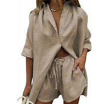 Nokiwiqis Women 2 Piece Casual Tracksuit Outfit Sets Cotton Linen Long Sleeve Button Down Shirt And High Waisted Shorts Clothes