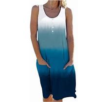 Befoka Women Dresses Clearance, Women's Casual Summer Tank Sleeveless Knee Length Pleated Sun Dresses With Poket Print Dress Blue L