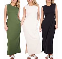 Real Essentials 3 Pack: Women's Long Tank Maxi T-Shirt Summer Casual Dress With Pockets (Available In Plus Size)