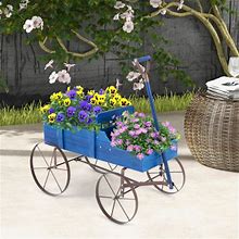 Wooden Wagon Plant Bed With Metal Wheels For Garden Yard Patio-Blue