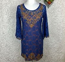 Flying Tomato Embroidered Blue Lace Bell Sleeve Dress Size S