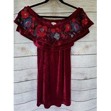 Umgee Usa Off Shoulder Red Burgundy Velvet Dress Embroidered Detail