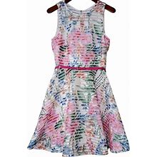 Taylor Dresses | J.Taylor White Netted Floral A-Line Belted Dress | Color: Green/Pink | Size: 12
