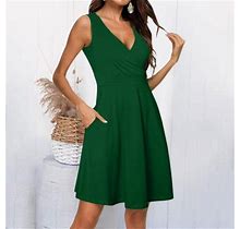Tagold Summer Dresses For Women 2022, Womens Summer Casual Beach Sleeveless V Neck Knee Length Dress Green L