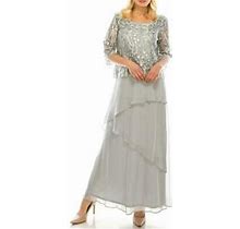 Silver Sequined Embroidered Mesh & Chiffon Long Modest Evening Dress
