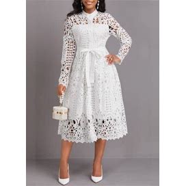 Rosewe White Lace Long Sleeve Midi Dress Lace Belted White Stand Collar Long Sleeve Dress - M