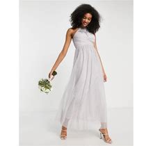 Little Mistress Bridesmaid Embellished Maxi Dress In Gray - Gray (Size: 4)