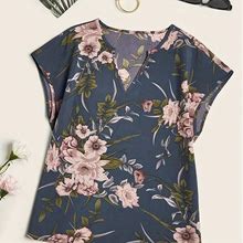 Floral Print Notched Blouse, Women's Neck Blouse Casual Hat Spring Summer Women's Clothing Sleeve Blouse,Royal Blue,Must-Have,Temu