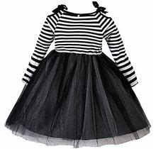 Zyekqe Toddler Long Sleeve Dress Little Girls Cold Shoulder Striped Knit Dresses Mesh Tulle Princess Clothes