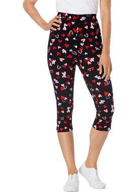 Plus Size Women's Stretch Cotton Printed Capri Legging By Woman Within In Black Tossed Hearts (Size 3X)