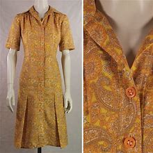 60S Vintage Orange Yellow Button Down Mod Dress - Psychedelic Print Scooter Dress - 60S Day Dress - Bright Print Collar Dress - Size M - L
