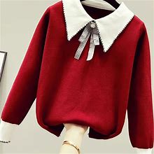 Solid Color Tie Front Bow Decor Sweater, Women's Turn Down Collar Elegant Spring Fall Women's Clothing Knitted Sweater,Red,Handpicked,Temu