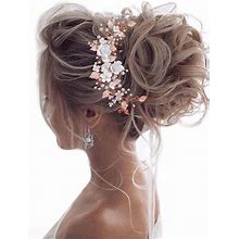 Unicra Flower Bride Wedding Hair Vine Pearl Bridal Hair Piece Leaf Hair Accessories Rhinestone Headband For Women And Girls (Rose Gold)