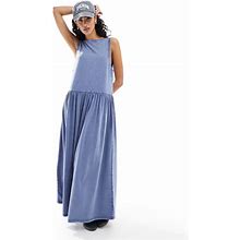 ASOS DESIGN Sleeveless Smock Maxi Dress With Low Back In Indigo Wash-Blue - Blue (Size: 6)