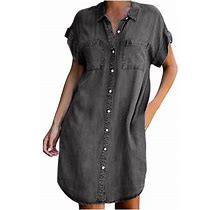 Yoeyez Plus Size Denim Dress For Women Knee Length Button Down Shirt Dresses Short Sleeve Lapel Collar Pocket Dress Sundress