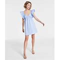 Crystal Doll Juniors' Ruffle-Sleeve Tie-Back A-Line Dress - Chambray - Size XL