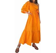 Summer Dresses For Women 2024 Midi Temperament Sexy One Shoulder Waist Tie Long Sleeve Dress Sun Dress