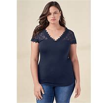 Women's Lace Detail Tee Tops Printed Knit - Navy, Size 2X By Venus