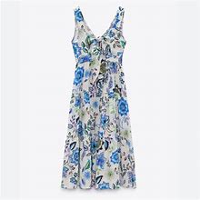 Zara Dresses | Zara Printed Floral Dress With Knot | Color: Blue/White | Size: Xs