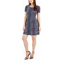 Connected Petite Printed Round-Neck Fit & Flare Dress - Berry