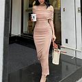 Zzwxwa Womens Off The Shoulder Sexy Skinny Fit Cocktail Party Dress Solid Color Oversize Maxi Long Dress Short Sleeve Backless Formal Gown Pink Large