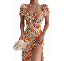 Women's Boho Floral Print Summer Dress Square Neck Puff Sleeve Split A Line Maxi Dress Casual Vintage Ruched Long Dress