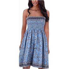 Cyber&Monday Deals Mini Smocked Dress For Women Strapless Summer Dresses Beach Cover Up Floral Printed Bohemian Swing A-Line Sundress